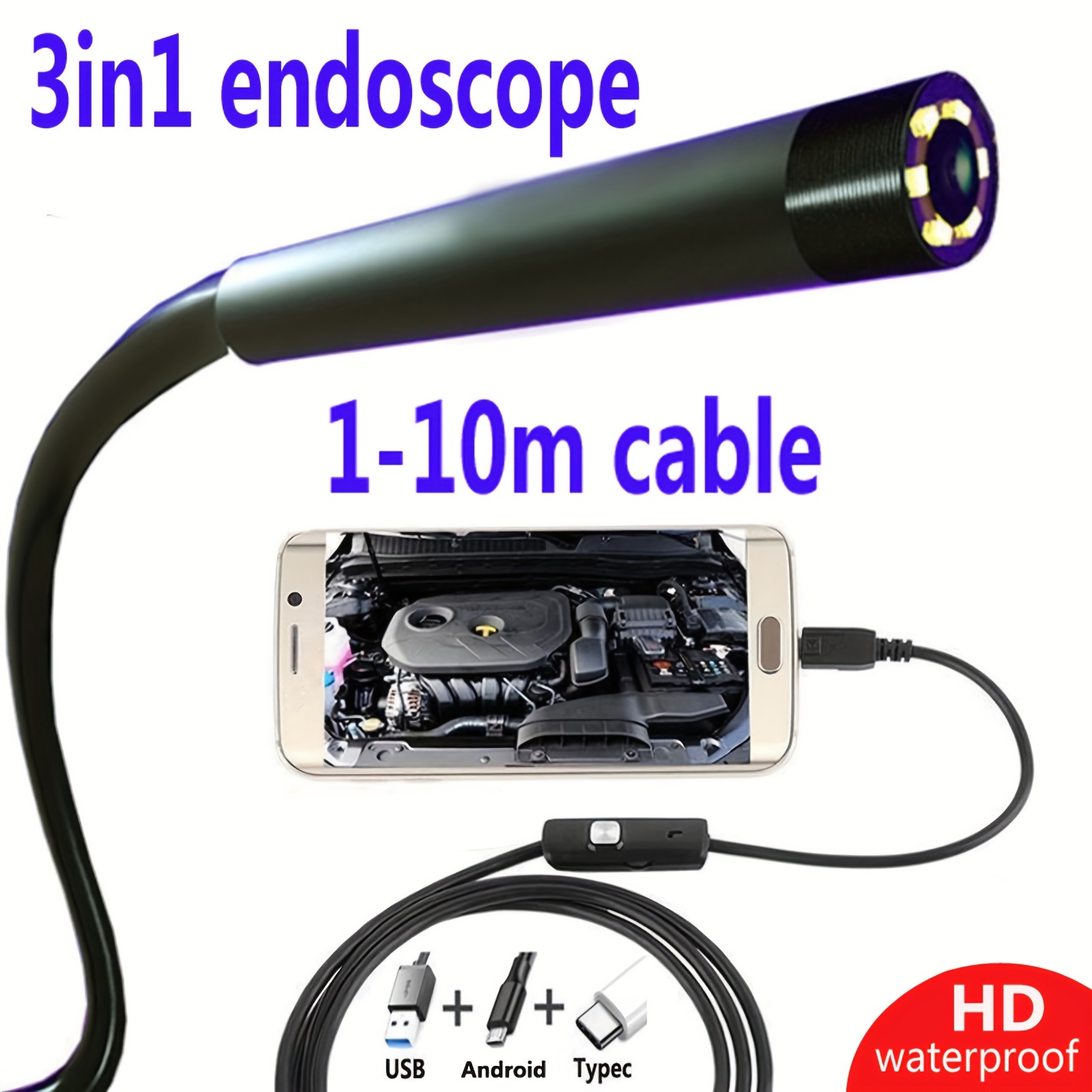 5mmhd lens industrial endoscope ip67 waterproof tool for car repair air conditioner sewer pipe detection android type c interface