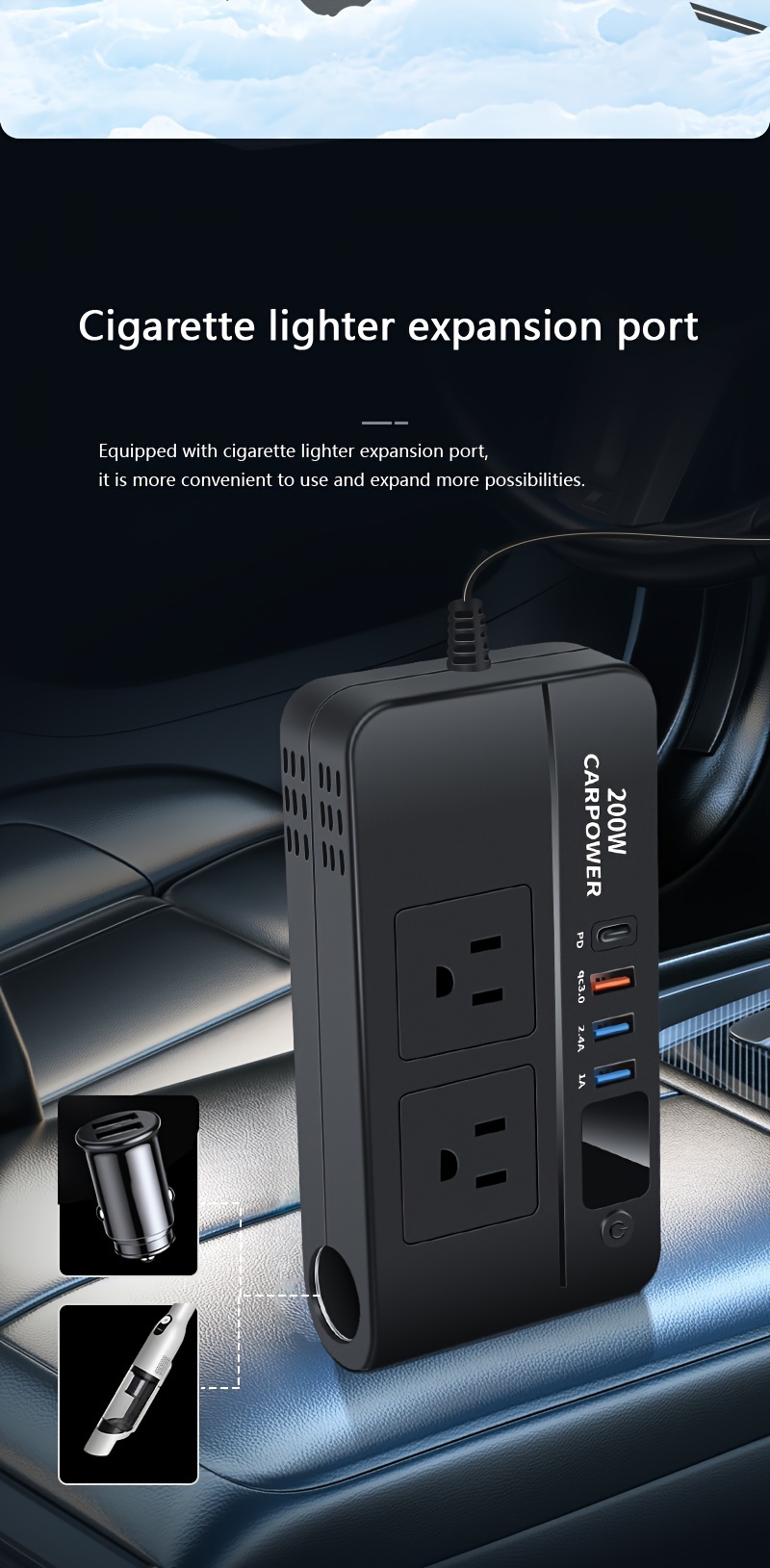 200w car power inverter dc 12v to 110v ac car inverter 3 usb 1 type c ports charger adapter car plug converter with switch and current led screen suitable for car suv truck black details 5