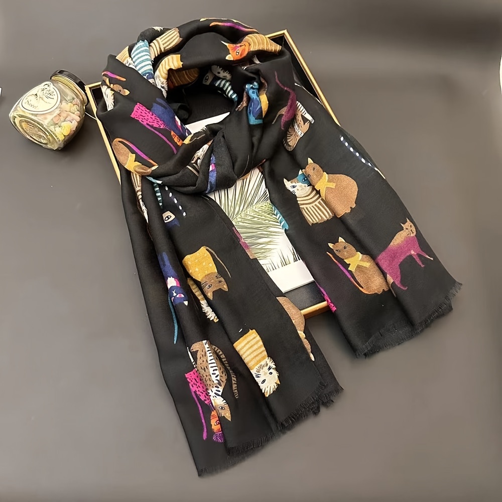 Image of Cute Cat Print And Scarf Shawl For Women, Measuring 180x85 Cm, Warm Neck Protection, Popular For Cross-border In Autumn And Winter