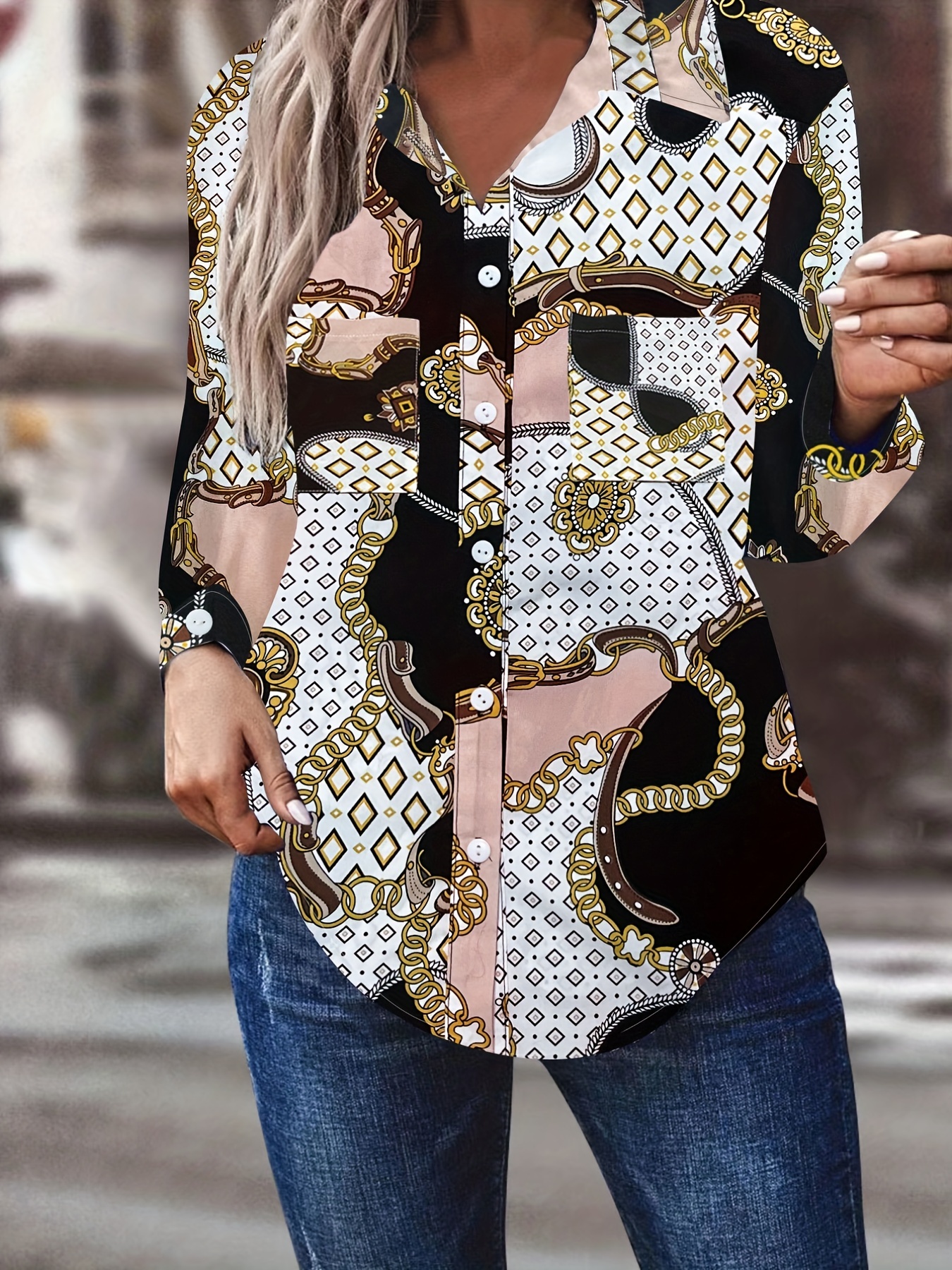 Chain Print Button Front Shirt, Casual Lapel Long Sleeve Shirt, Women's  Clothing