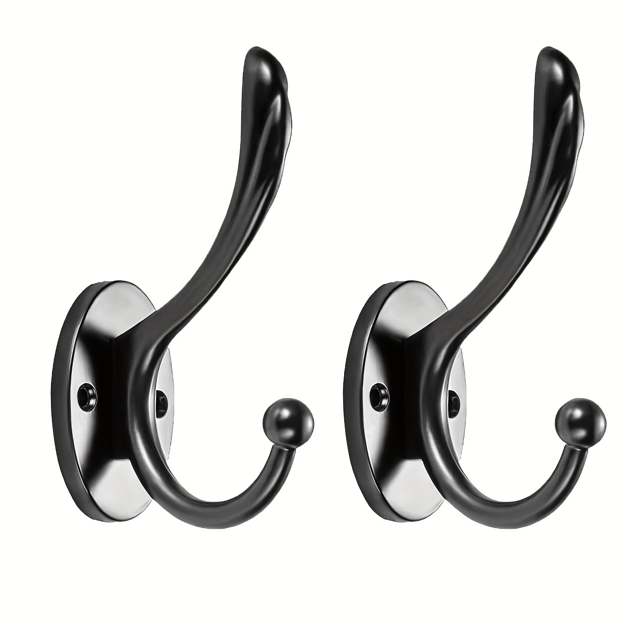 Black Double Prong Coat Hooks - Heavy Duty Wall Mount Hangers for