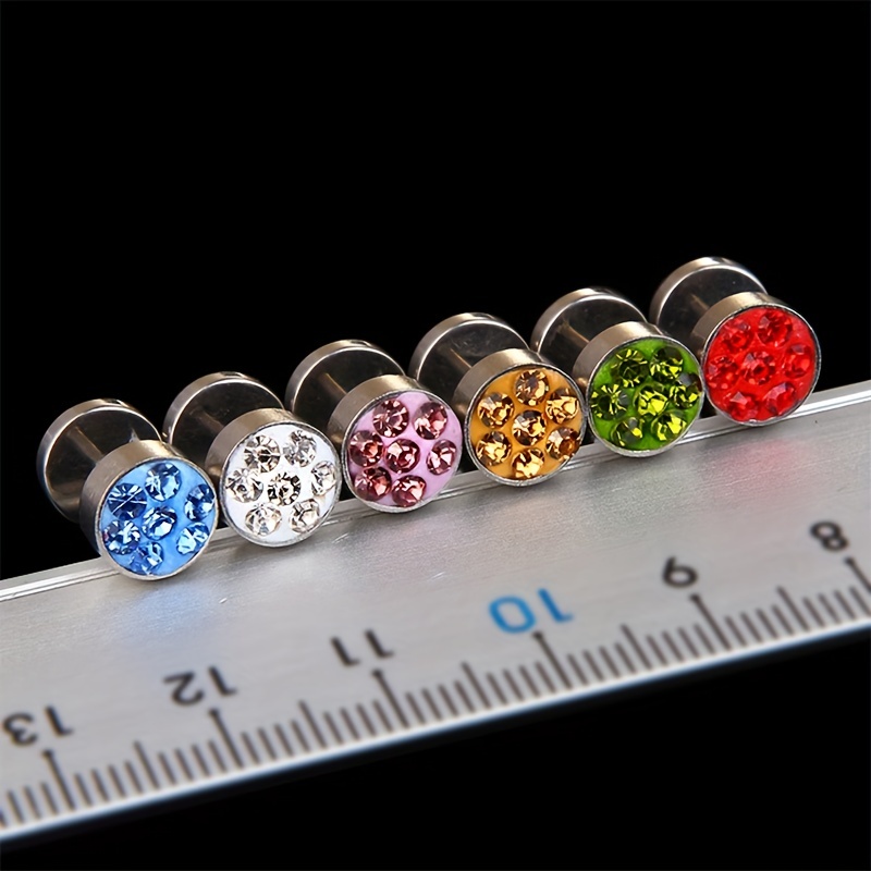 2Pcs Black Silver Men's Barbell Punk Stainless Steel Crystal Ear Studs  Earrings