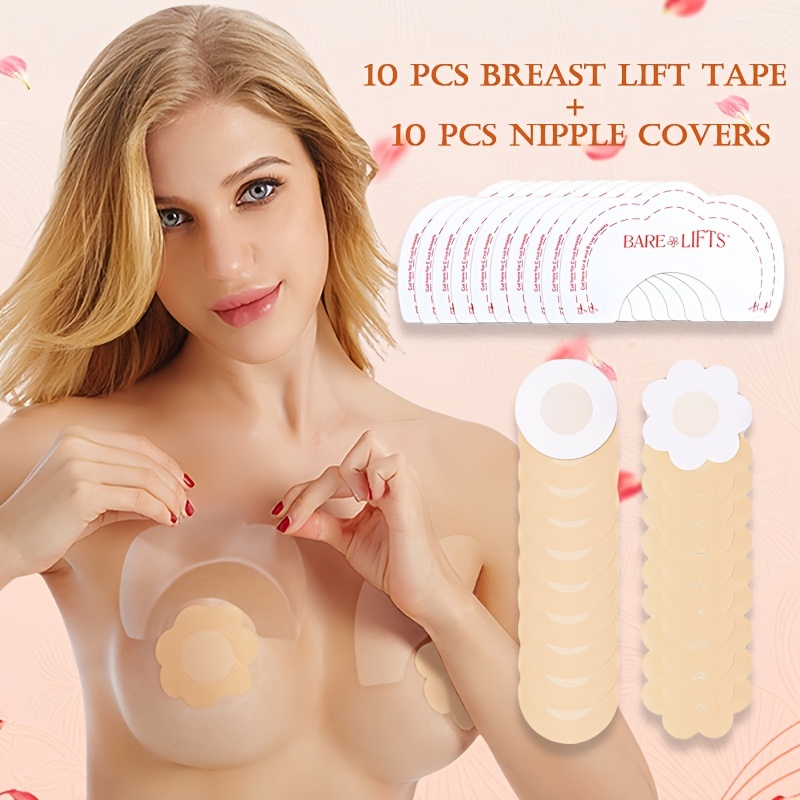 Invisible Nipple Stickers & Breast Lift Tapes, 5 Pairs Comfortable  Disposable Push Up Nipple Stickers + 5 Pairs Self-Adhesive Breast Lift  Tapes, Women