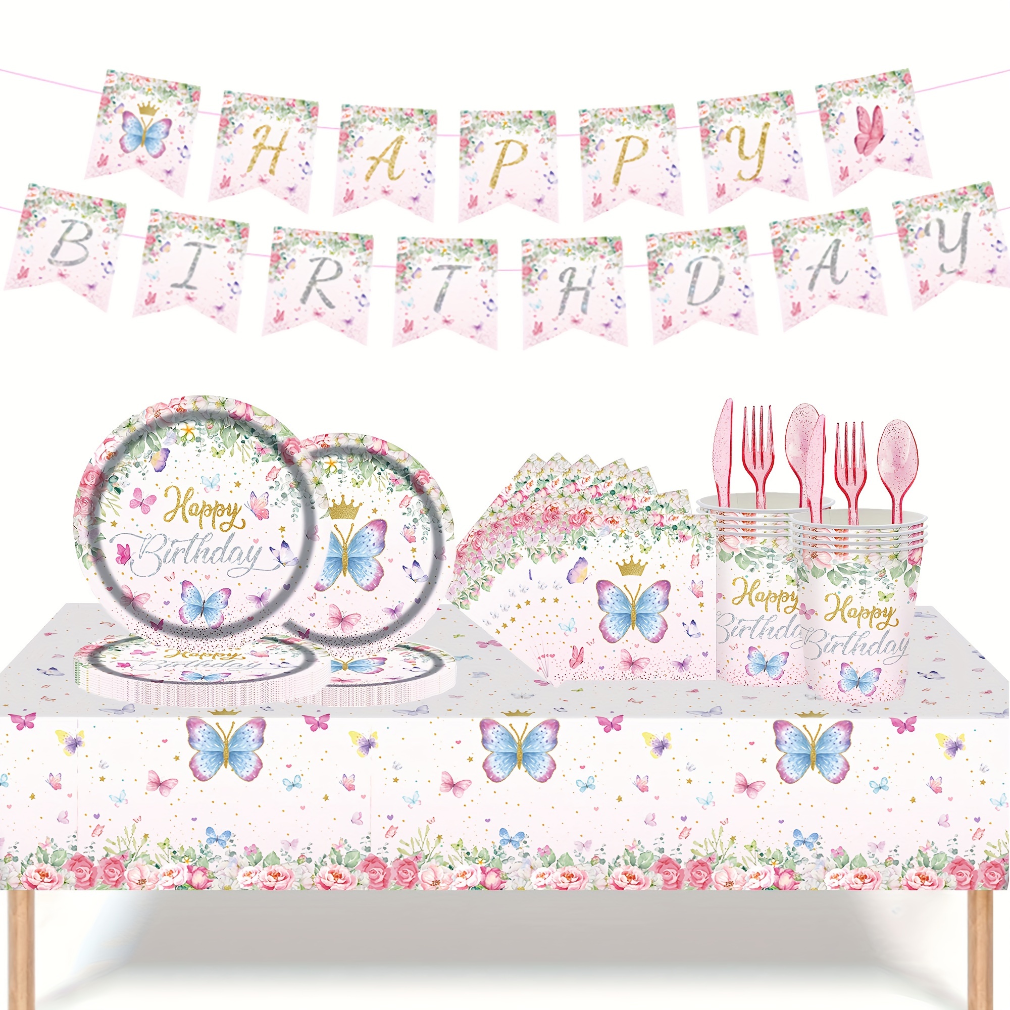 Rosa farfalla compleanno stoviglie felice 1 ° primo compleanno decorazioni  per feste bambini ragazza Baby Shower