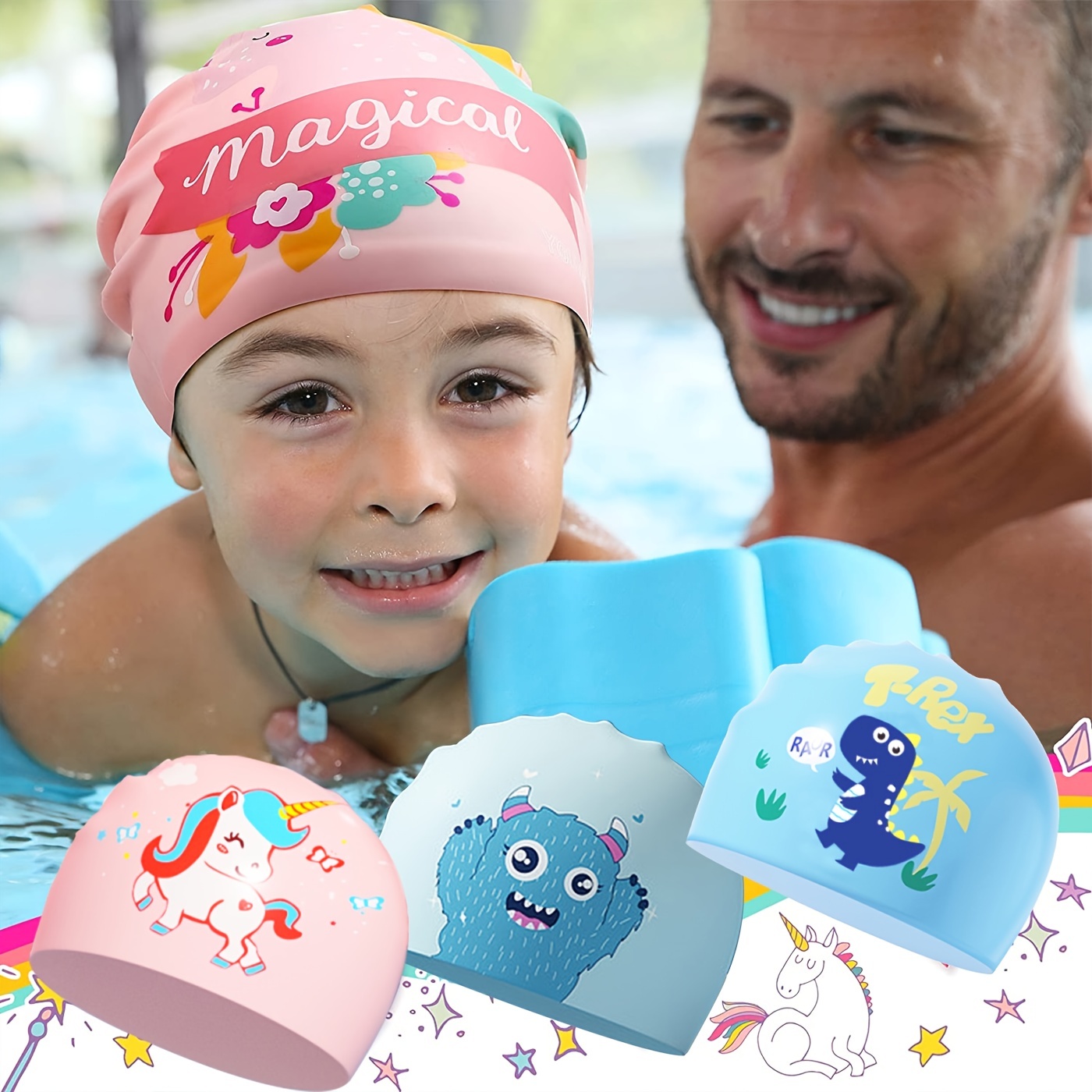 Lindo gorro de natación de silicona de dibujos animados para niños niña  impermeable elástico piscina gorro de baño gorros para cabello largo y  corto (envío gratis)