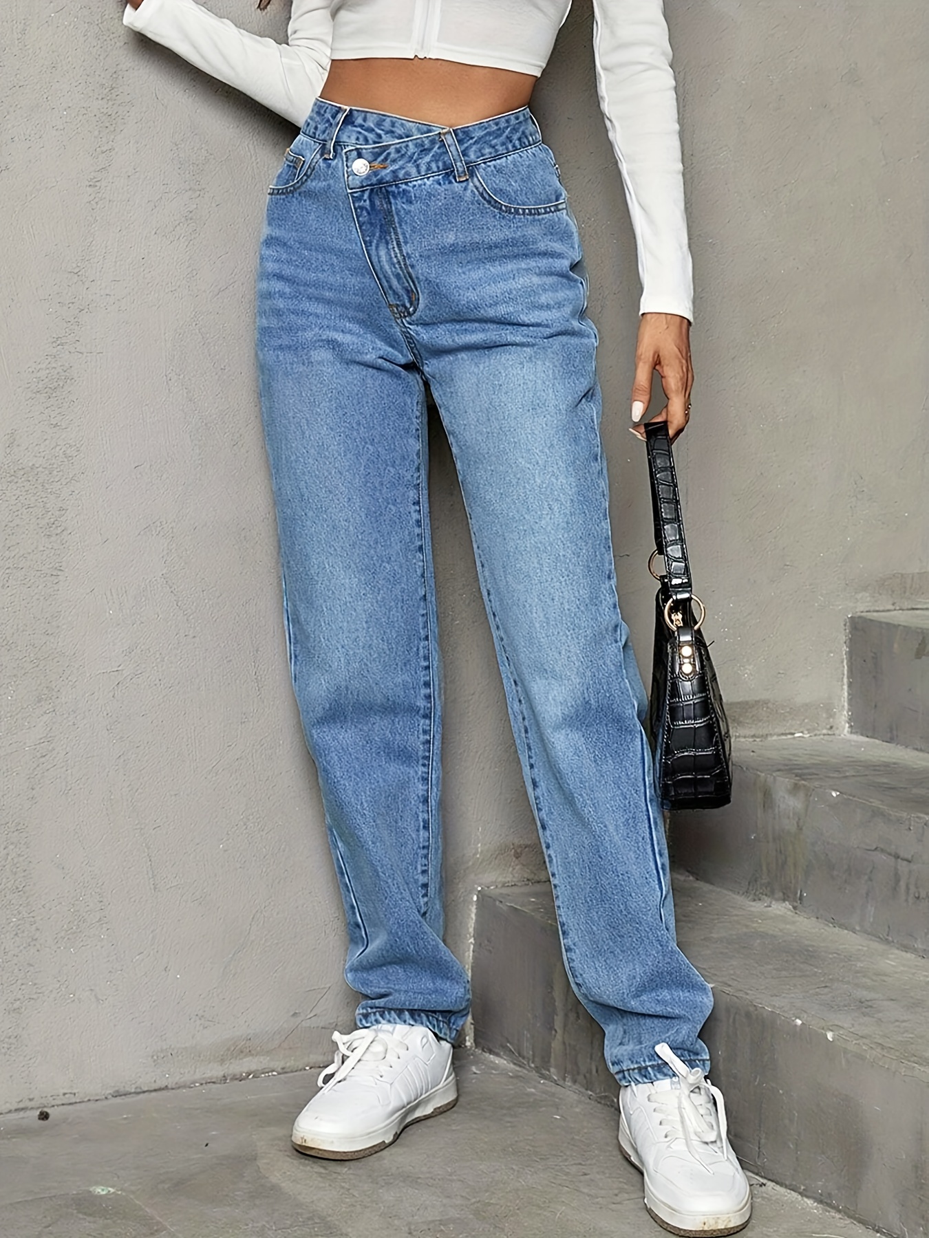 Blue High Waist Straight Jeans, High Rise Layered Waist Closure Loose ...