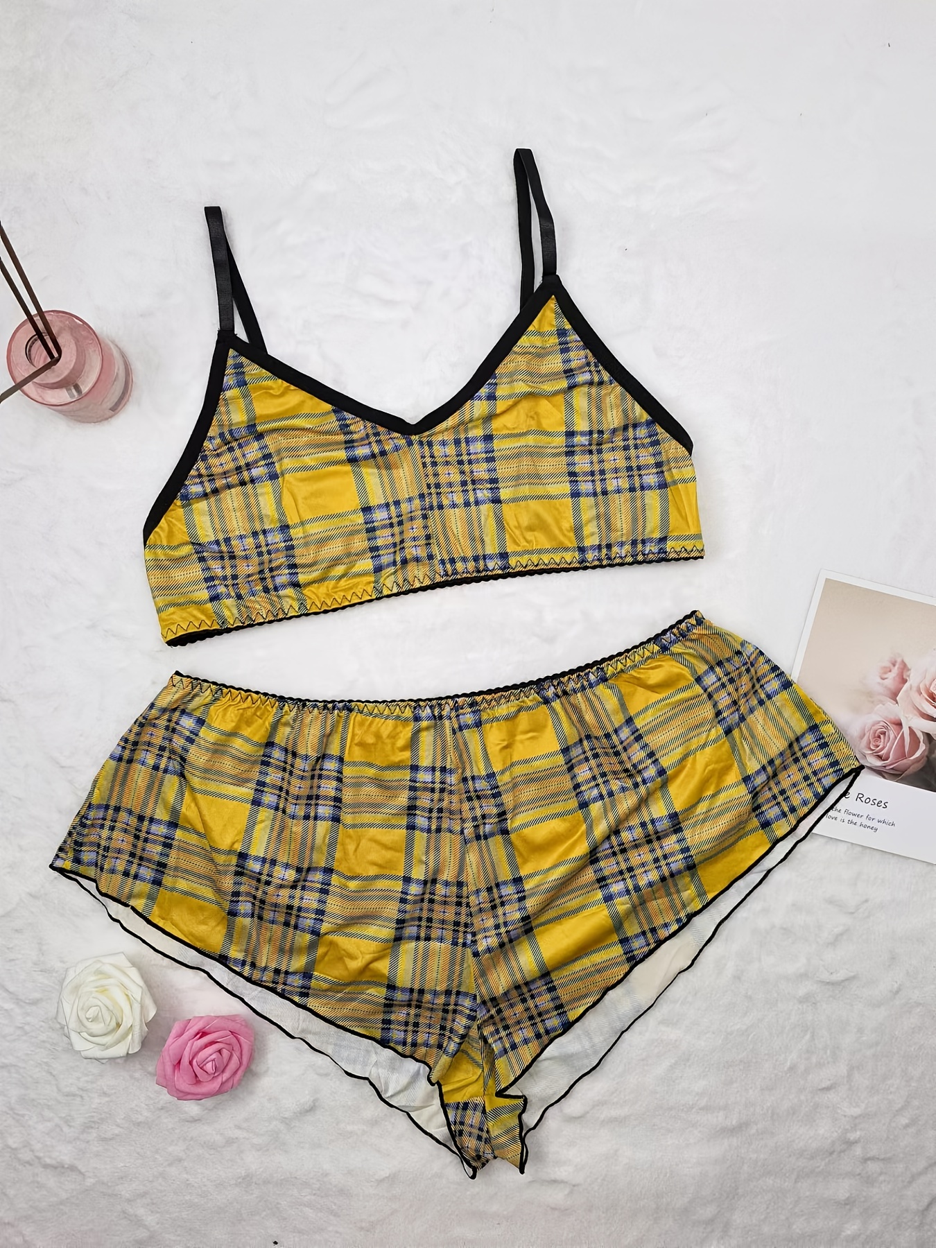 Plus Size Plaid Pattern Sexy Lingerie Set, Women’s Plus Slight Stretch