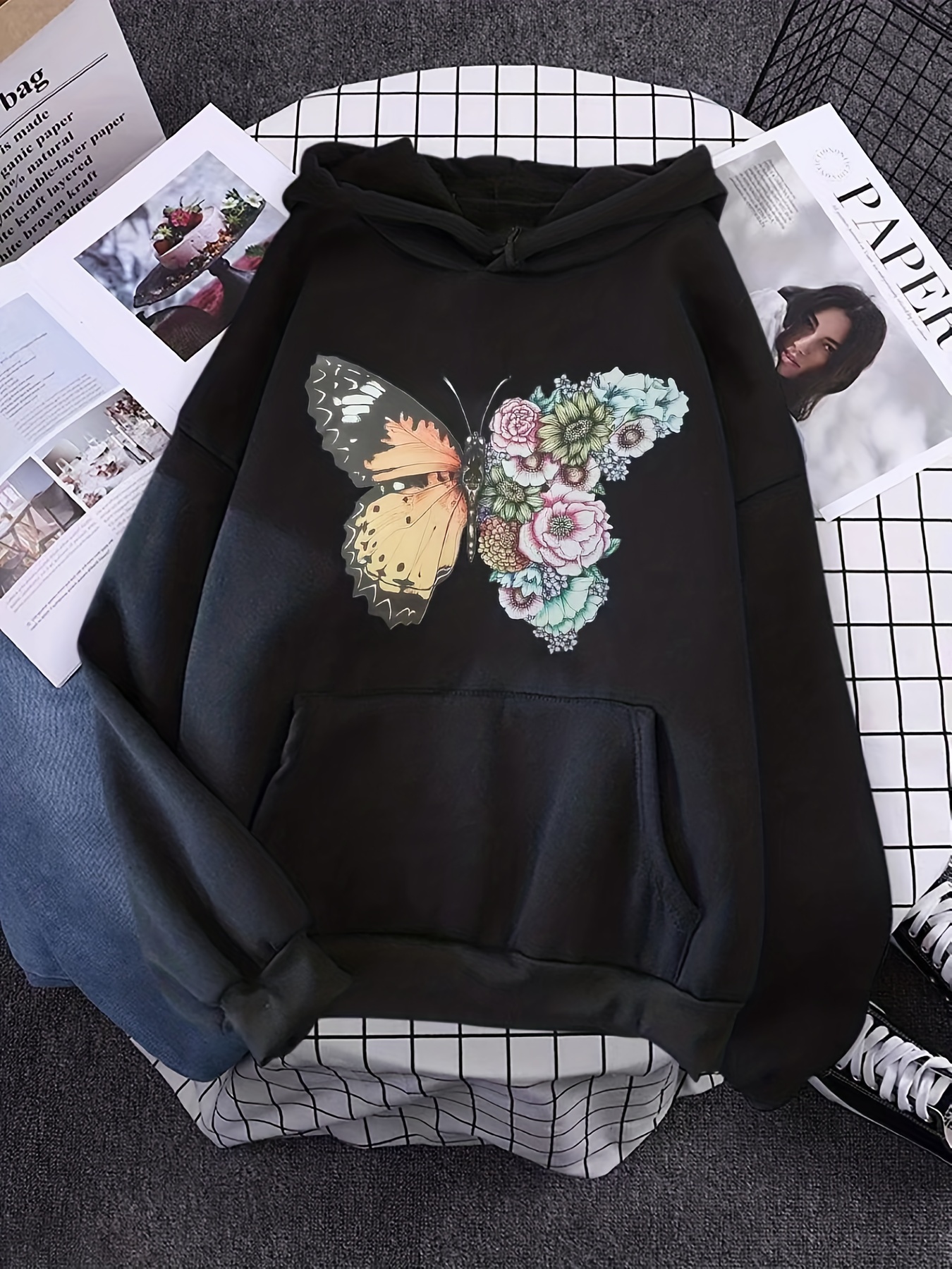 Guteidee Womens Long Sleeve Hoodie Drawstring Butterfly Stripes Print  Pullovers Zipper Track Jacket Hoodie Pocket Sweatshirt,008-Black  butterfly,S at  Women's Clothing store