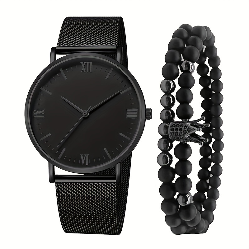 Men's Black Quartz Watch & Bracelets - Temu