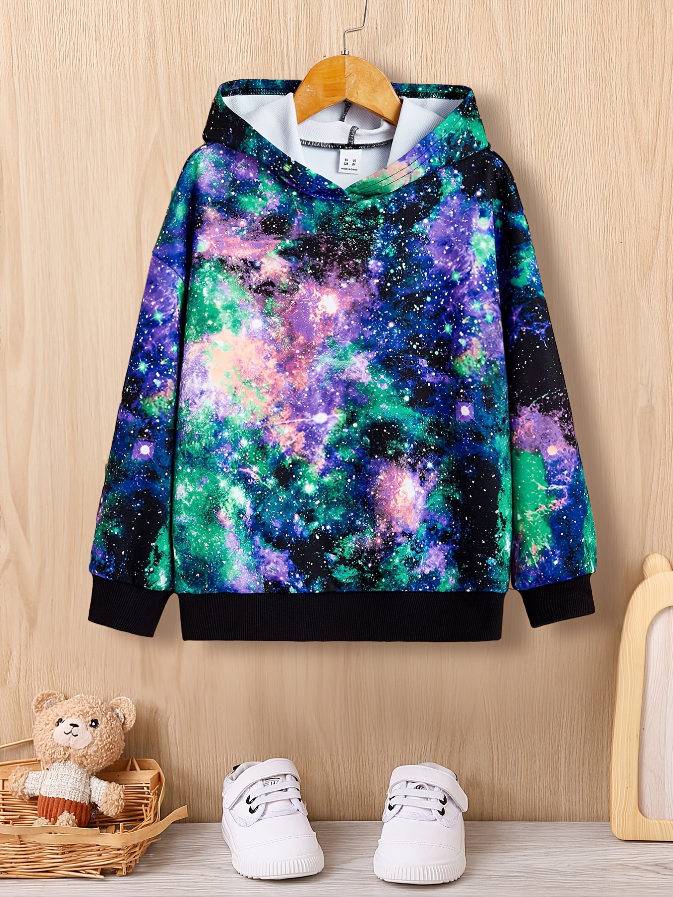 Comfy Top, Starry Space Print Hooded Sweatshirt, Ribbed Knit Trim