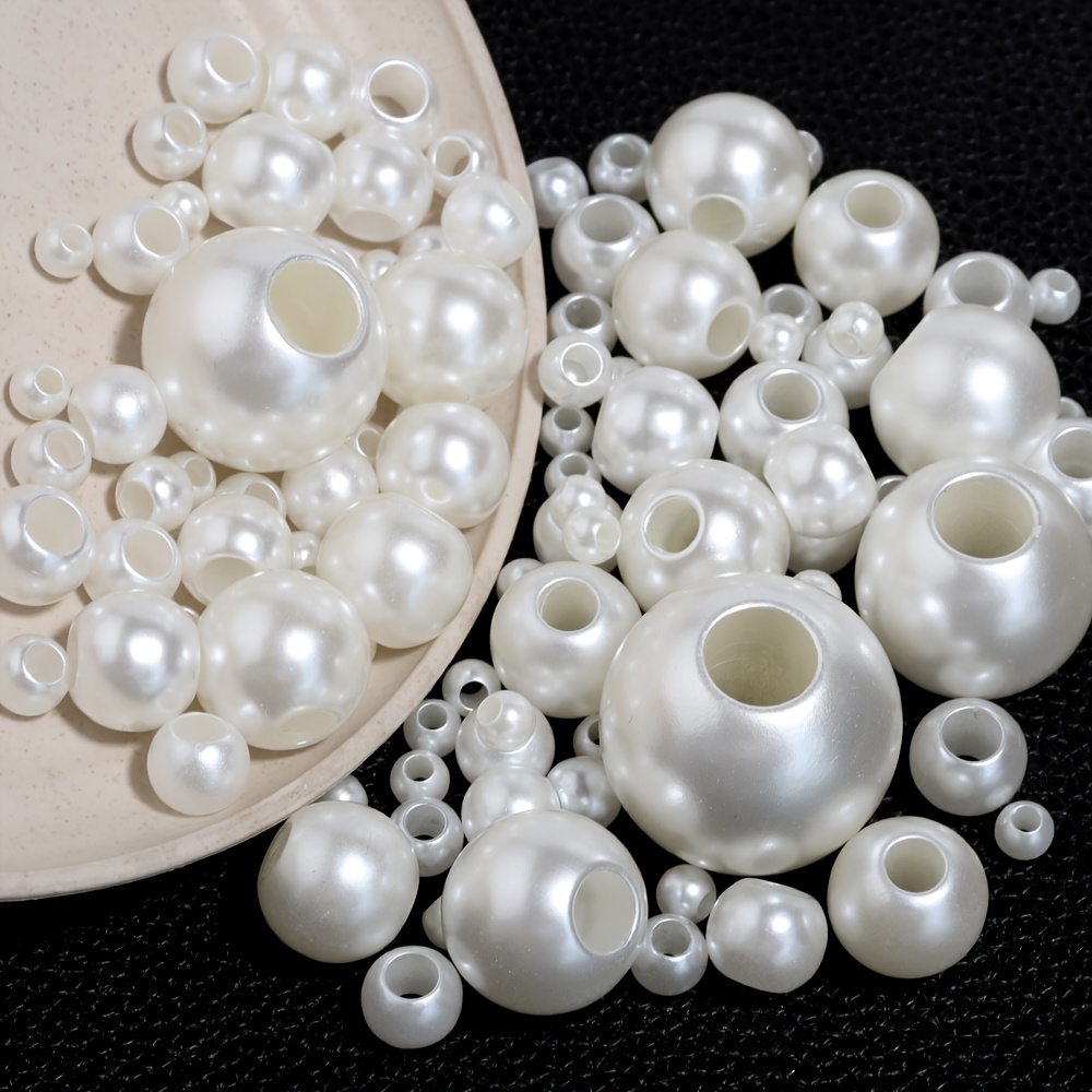 300 Pcs White ABS Faux Pearl Beads Creamy White Big Hole Plastic