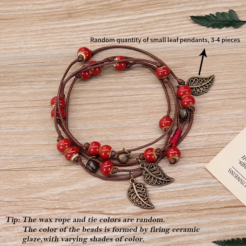 Boho Rope Bracelet Hollow Leaf Shaped Stone Rice Beads - Temu