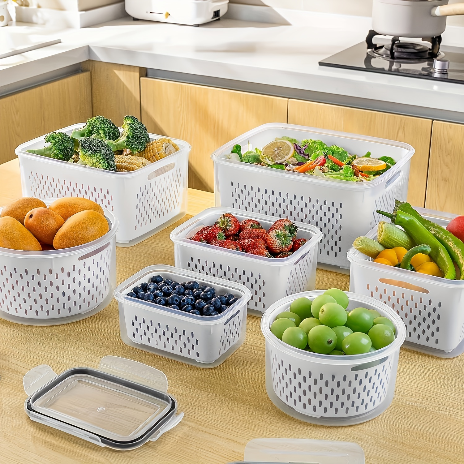 Pretty Comy Fresh Produce Saver Fridge Organizers, Food Storage Containers with Airtight Lid & Colander, Fruit and Vegetable Storage for Refrigerator, Lettuce
