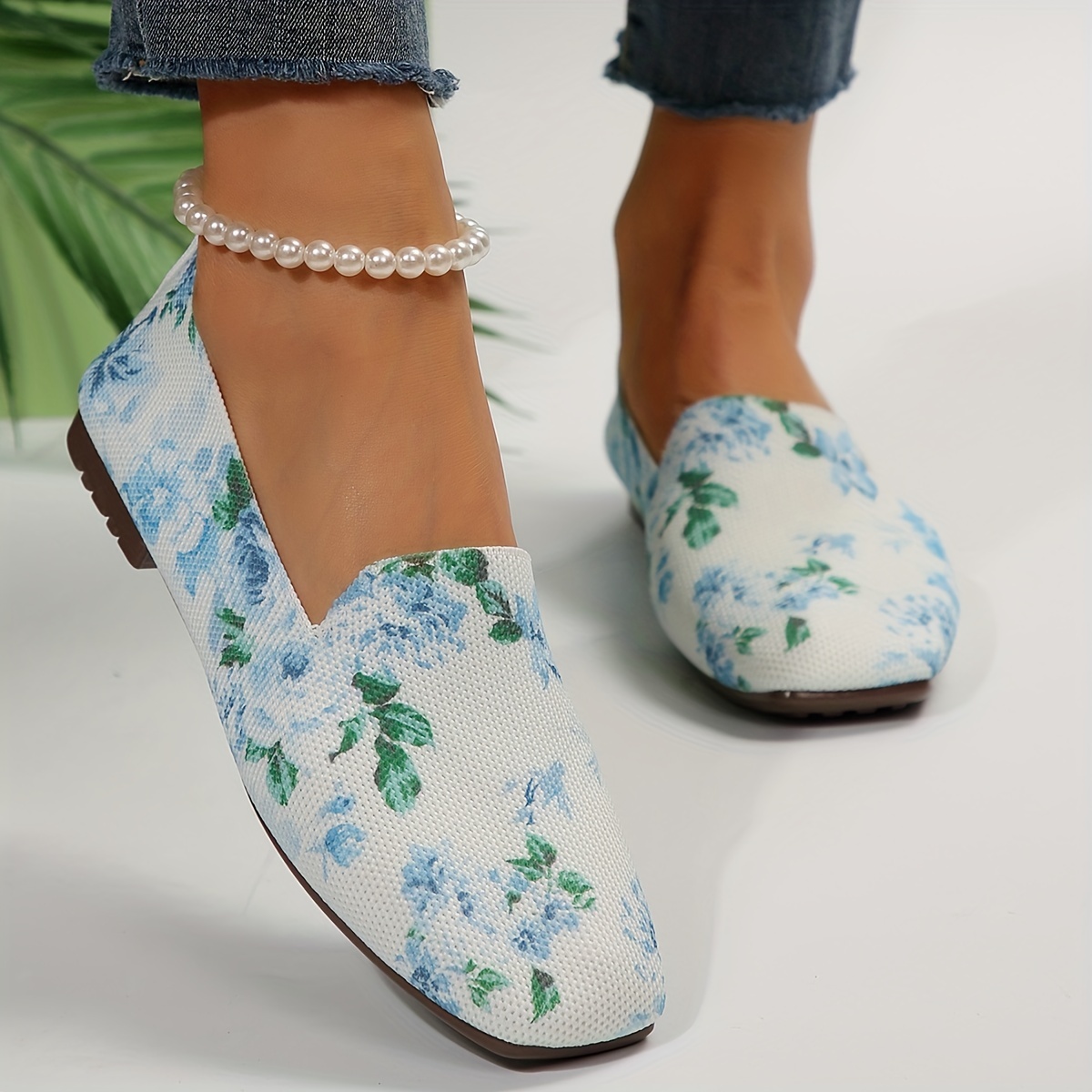 Floral Print Flat Shoes Square Toe Breathable Knit Lightweight Walking Shoes