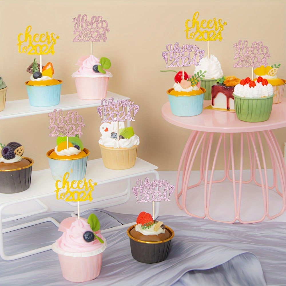 Happy 2024 Cupcake Toppers, Glitter Cheers 2024 Hello 2024 Cupcake