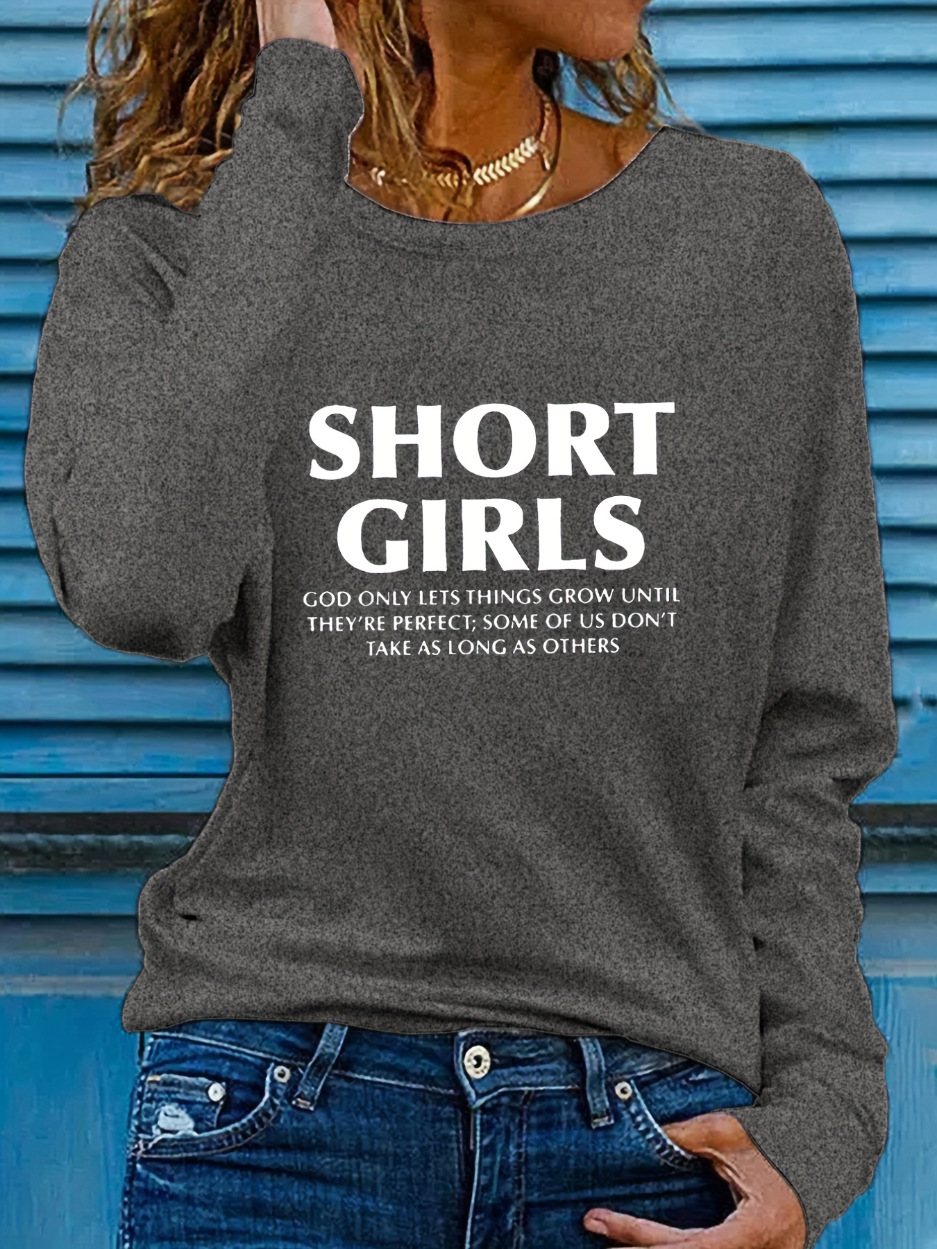 Short Girl Print Crew Neck T shirt Casual Long Sleeve Top - Temu