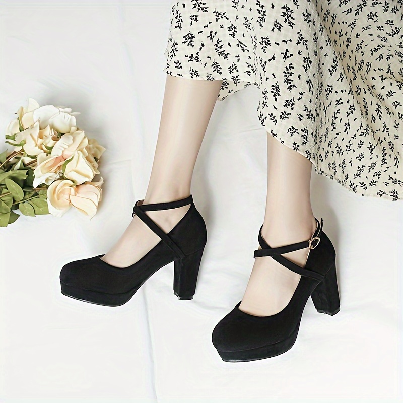 Women's Platform Chunky High Heels, Fashion Cross Strap Heart Buckle Round  Toe Pumps, Versatile Dress Heels