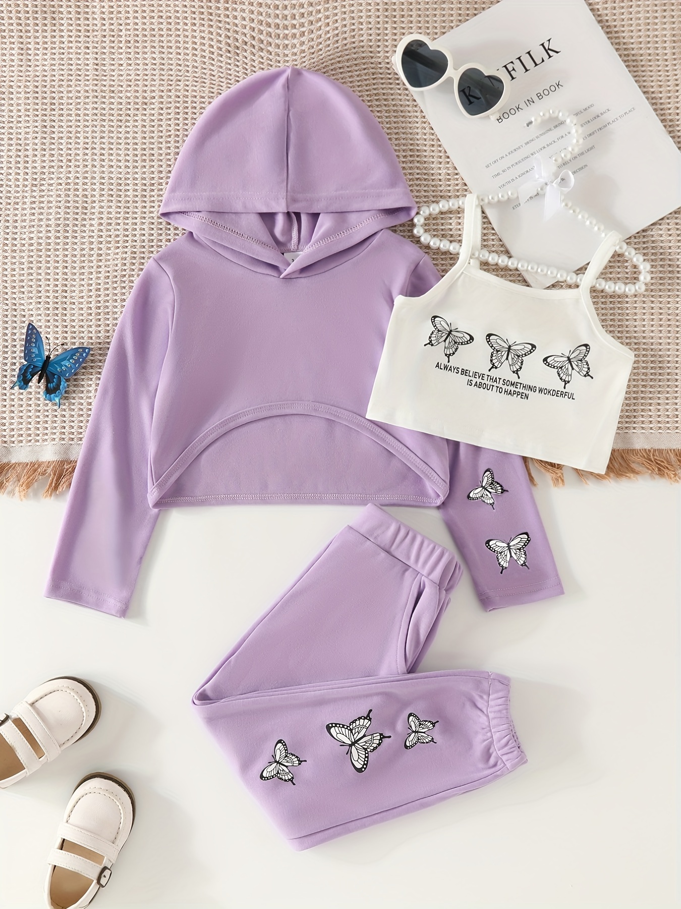 Girl's Trendy 3pcs, Hoodie & Camisole & Sweatpants Set, Butterfly Print  Casual Outfits, Kids Clothes For Spring Fall