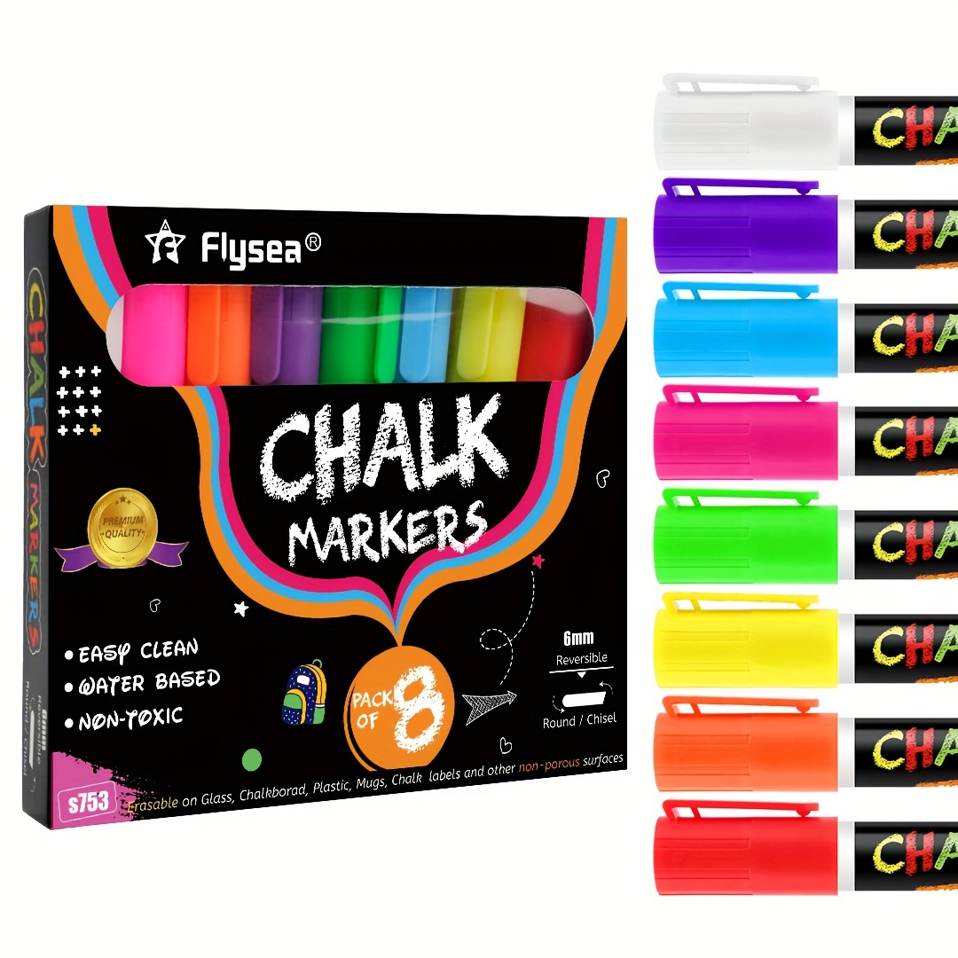 Fluorescent Liquid Chalk Markers Large Flat Tip - Set of 8