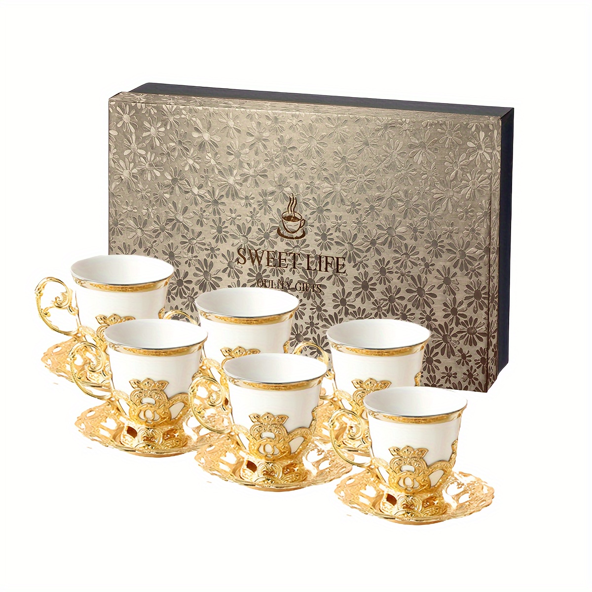 Set of 6 Colorful Porcelain Espresso Cup and Saucer Set - 2 oz, Gold Color  