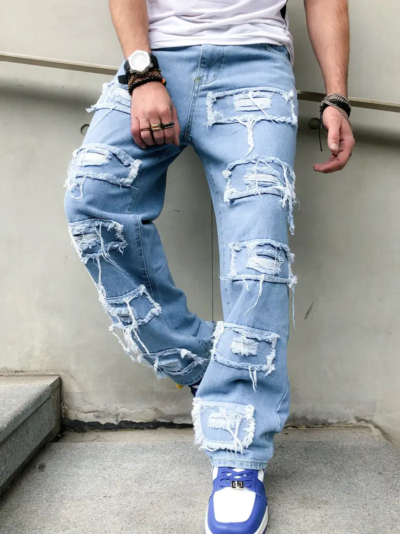 padle Ondartet tumor Hilse Creative Straight Leg Ripped Jeans, Men's Casual Street Style Distressed  Denim Pants For Spring Summer - Temu