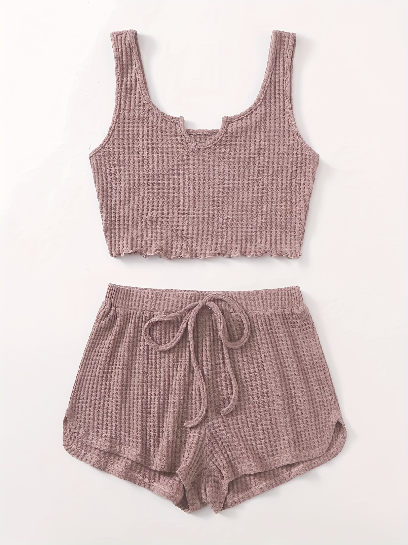 Casual Waffle Knit Two-piece Set, Lettuce Trim Crop Tank Top ...