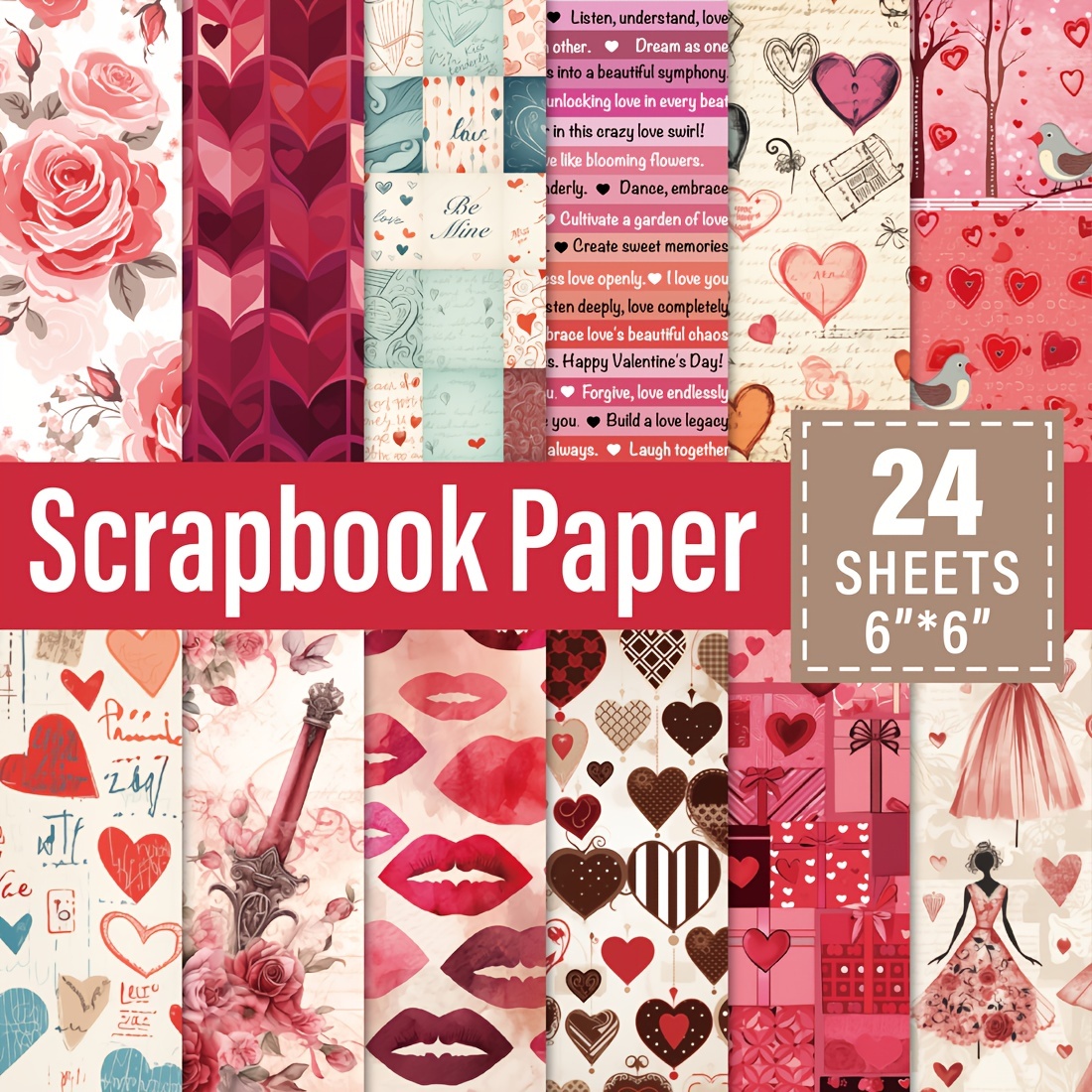 24pcs Love Scrapbook Paper, 6x6 Inch Vintage Valentines Day Love Heart Rose  Pattern Pink Double-Sided Scrapbook Decoupage Paper Pad For DIY Crafts Wed