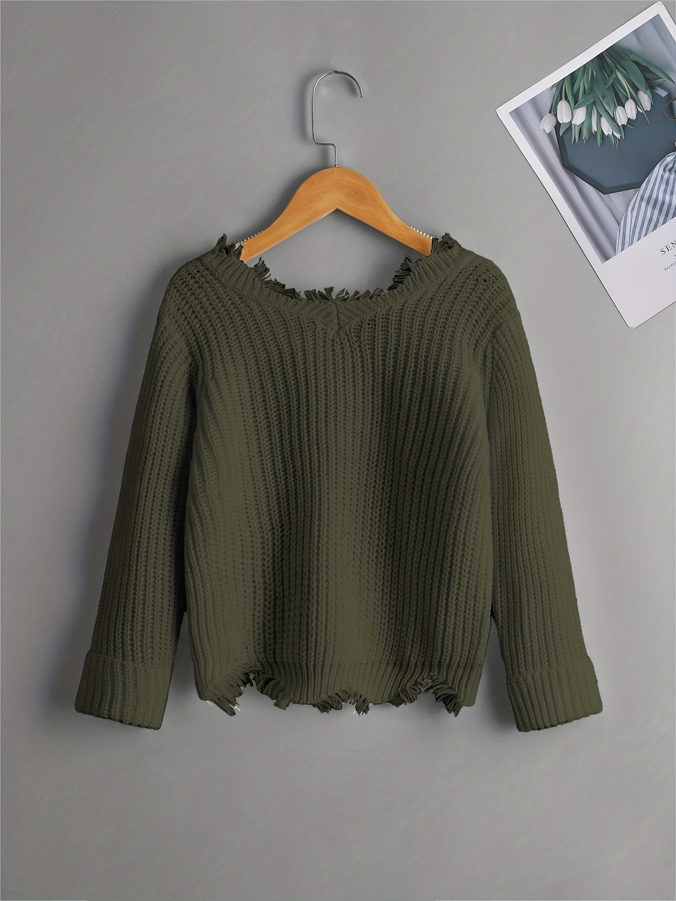 Casual Girls Hem V neck Drop Shoulder Knit Sweater Temu