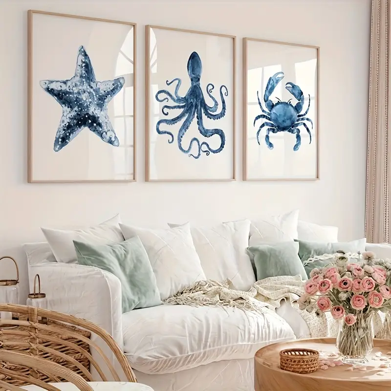3pcs Set Canvas Poster Modern Art Blue Watercolor Starfish - Temu