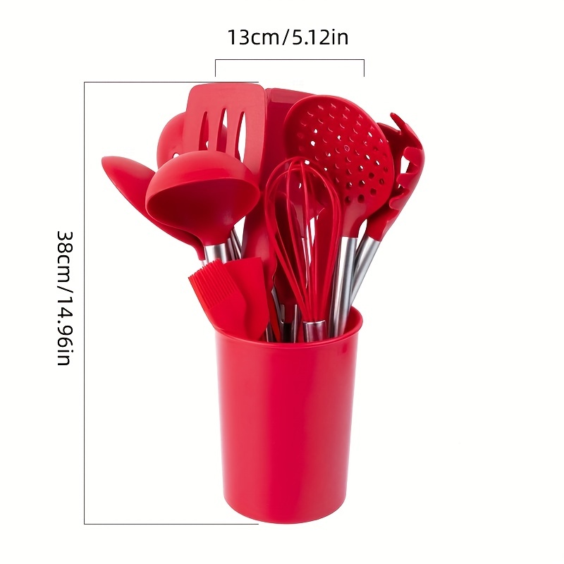 14pcs Silicone Kitchen Utensils Set With Wooden Handles And Storage Bucket