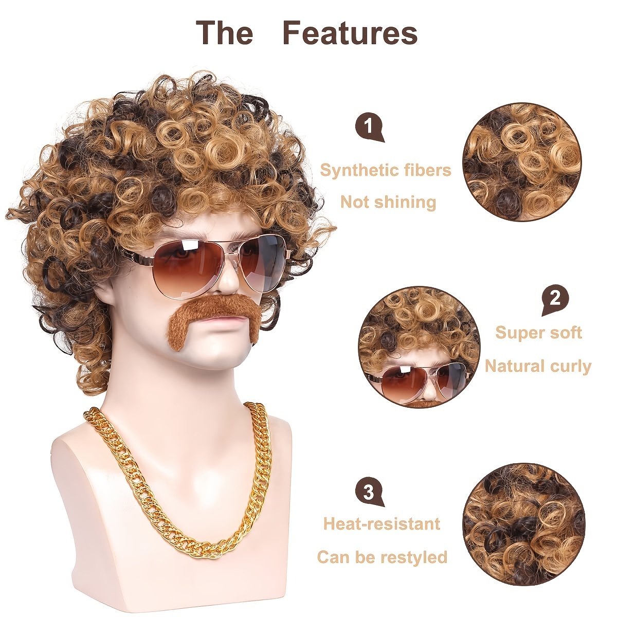 Lot De 4 Perruques + Moustache + Collier Perruque Afro Pour Homme Des  Années 70-80 - Perruque Disco Pour Halloween, Fête De G[H2156] - Cdiscount  Au quotidien