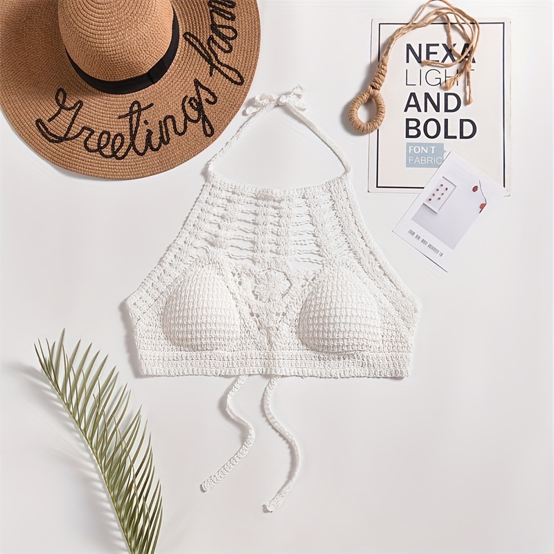 Bohemian Ethnic Women's Swimsuit Top - Lace-Up Halterneck with Chest Cut-Outs, Geometric Embroidery & Adjustable Suspender Straps, Non-Removable Padded Cups, Hand Wash Only, Beachwear Fashion, Laceup Detailing, Intricate Embroidery, Stylish Swimwear, Summer Travelers