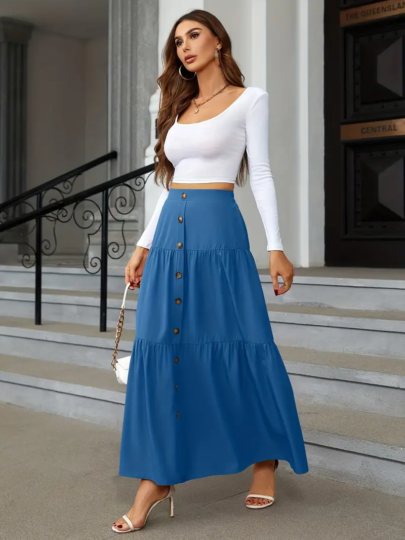 high waist tiered skirts casual solid button front maxi skirts womens clothing details 18