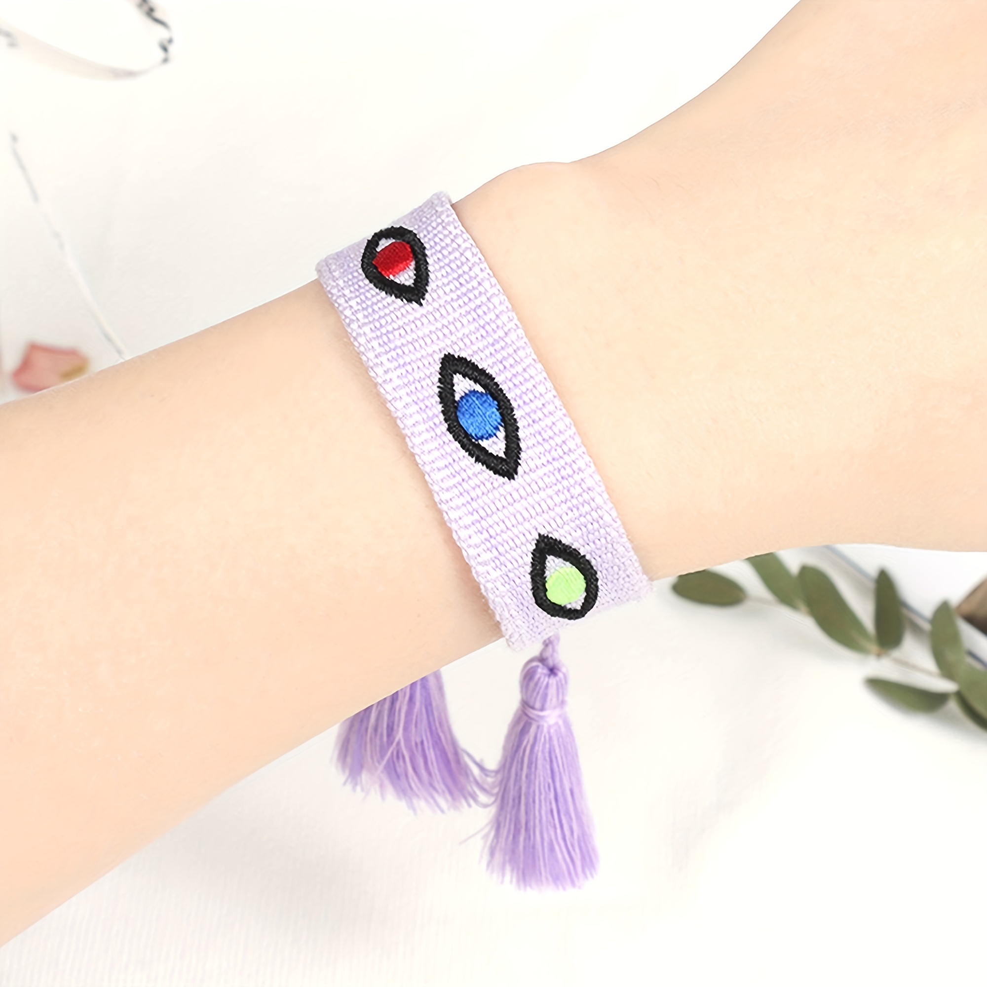 Multicolor Evil's Eyes Embroidered Tassel Bracelet, 10 Colors