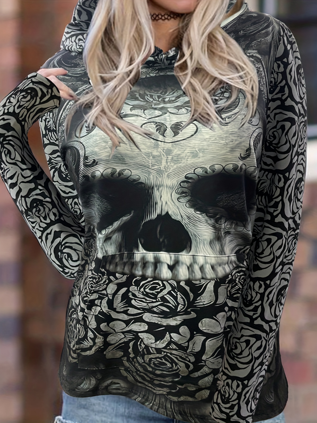 Plus Size Gothic Sweatshirt, Women's Plus Allover Rose & Skull Print Long  Sleeve Hooded Pullover Sweatshirt With Kangaroo Pockets, Casual Tops For  Fall & Winter, Plus Size Women's Clothing - Temu Sweden
