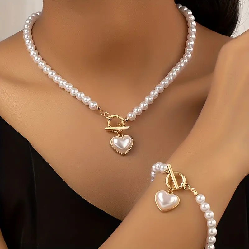 2pcs necklace bracelet elegant jewelry set made of milky stone 18k gold plated trendy heart ot buckle design match daily outfits details 1