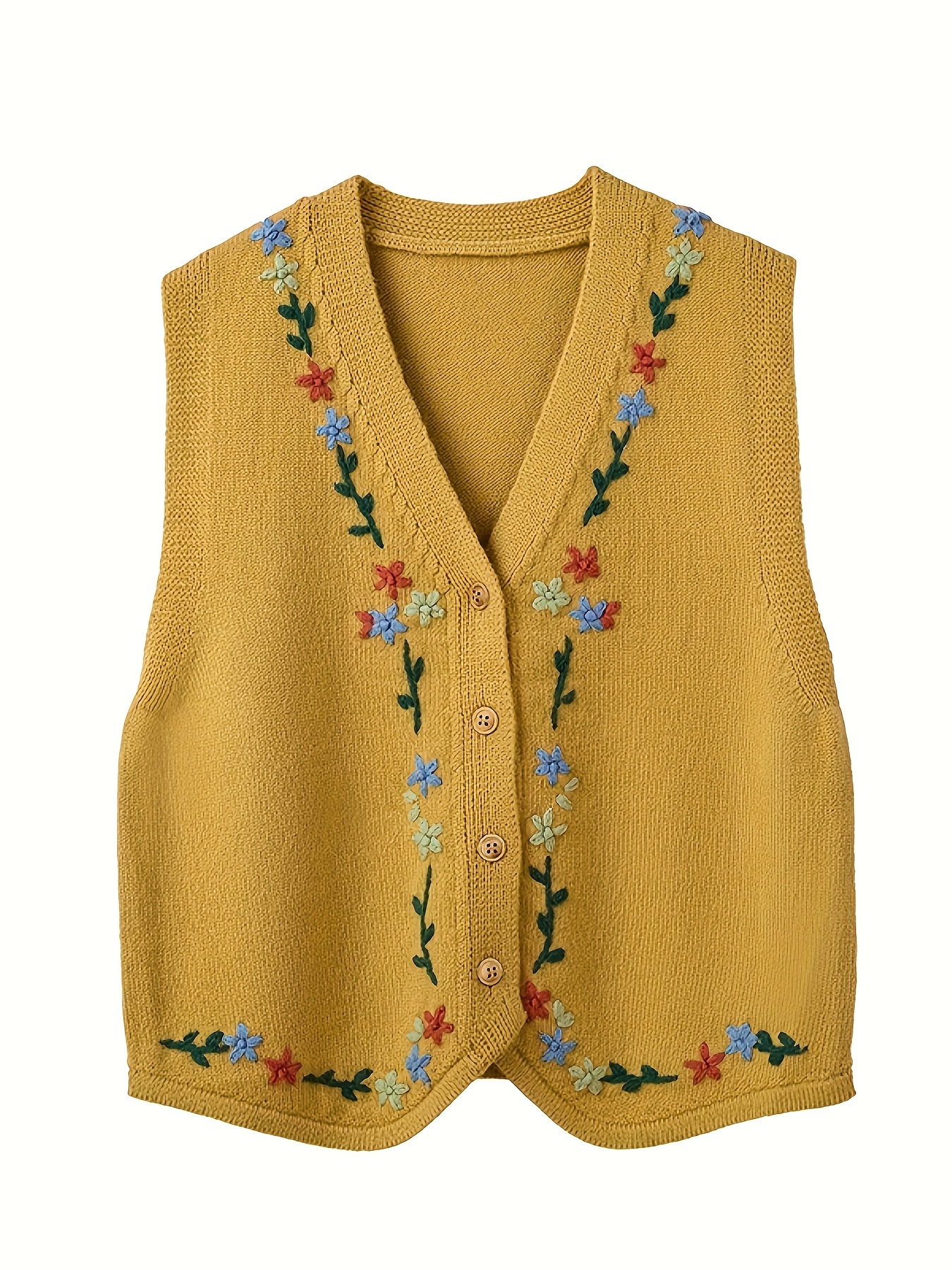Floral Embroidered Button Up Sweater Vest, Boho V Neck Sleeveless Vest For Spring & Fall, Women's Clothing