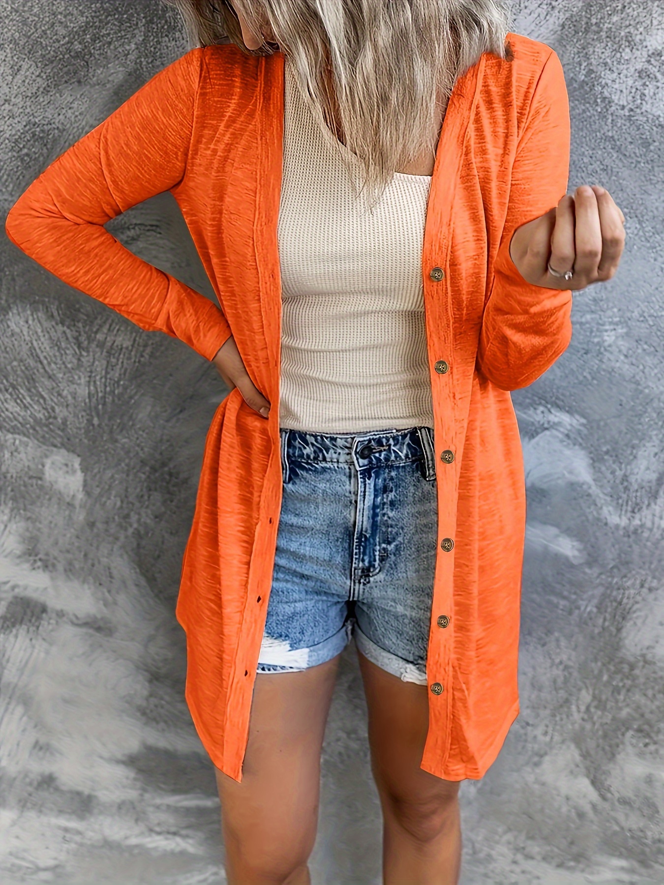 Women's Plus Size Casual Cardigan, Solid Button Up Long Sleeve Cardigan