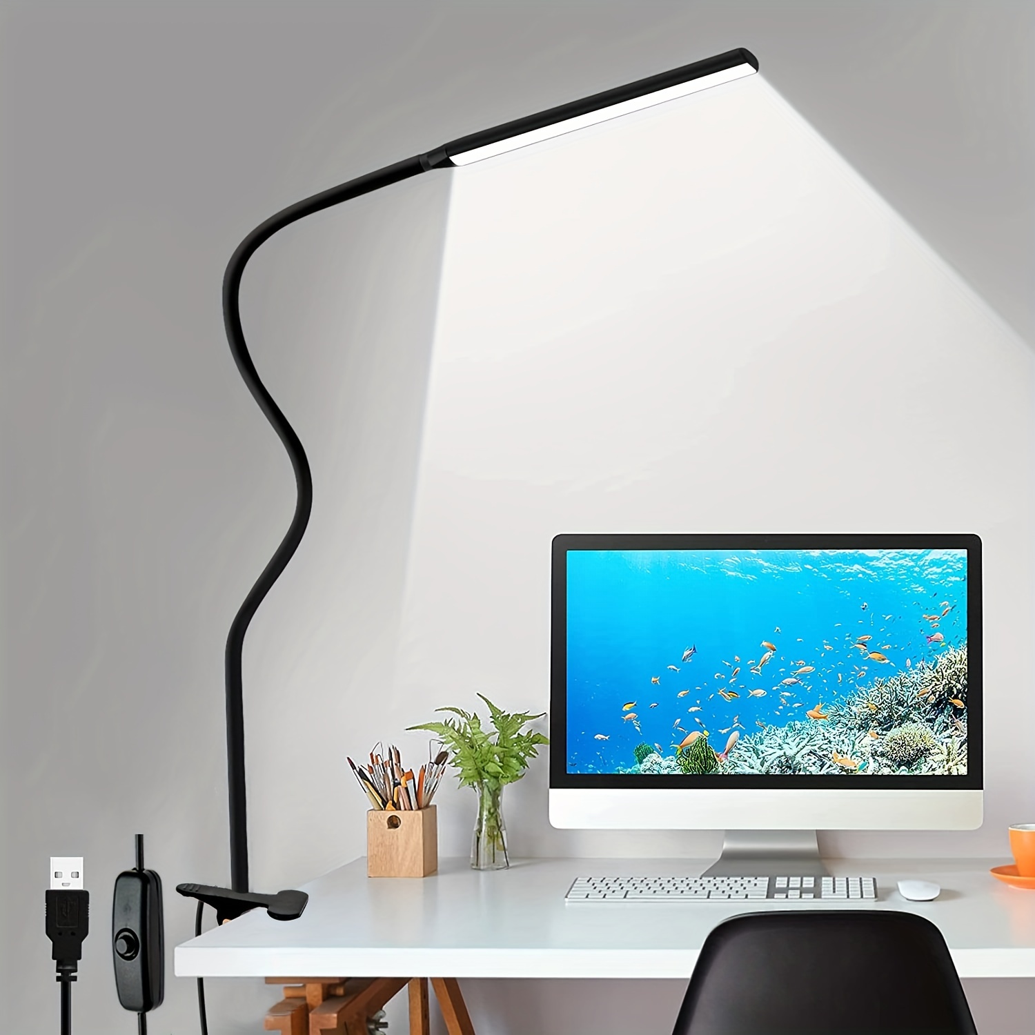 Lámparas de escritorio para oficina en casa, lámpara de abrazadera de 10 W,  lámpara de cuello de cisne regulable, control táctil, luz de escritorio
