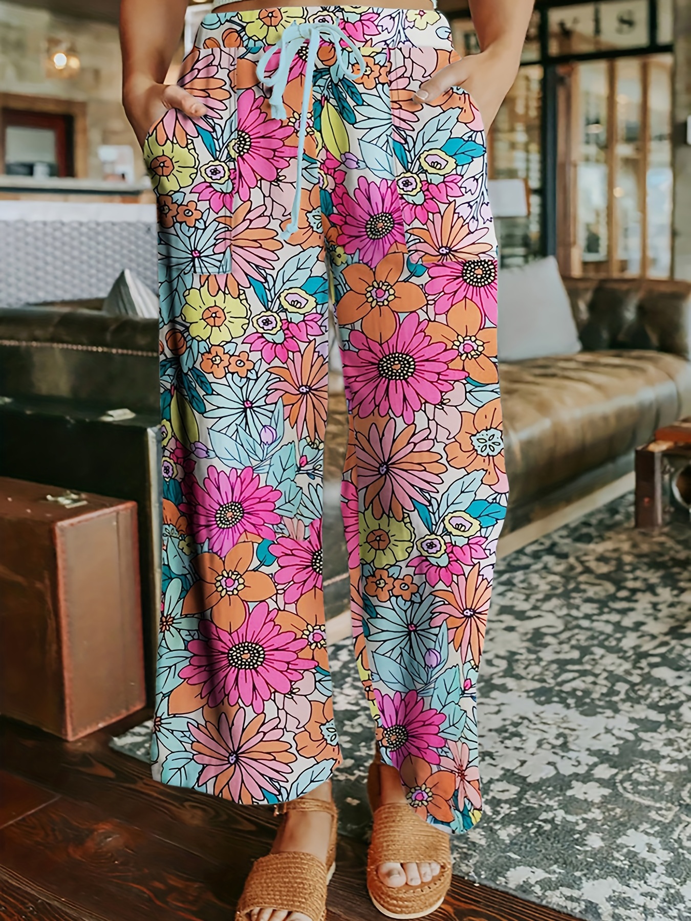 Plus Size Boho Pants Women's Plus Tropical Print Wide Leg - Temu