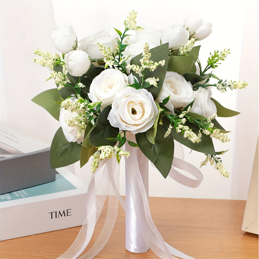 9 piezas de flores artificiales de rosas blancas, ramo de rosas largas para  bricolaje, ramos de boda, centros de mesa, arreglos de fiesta, baby