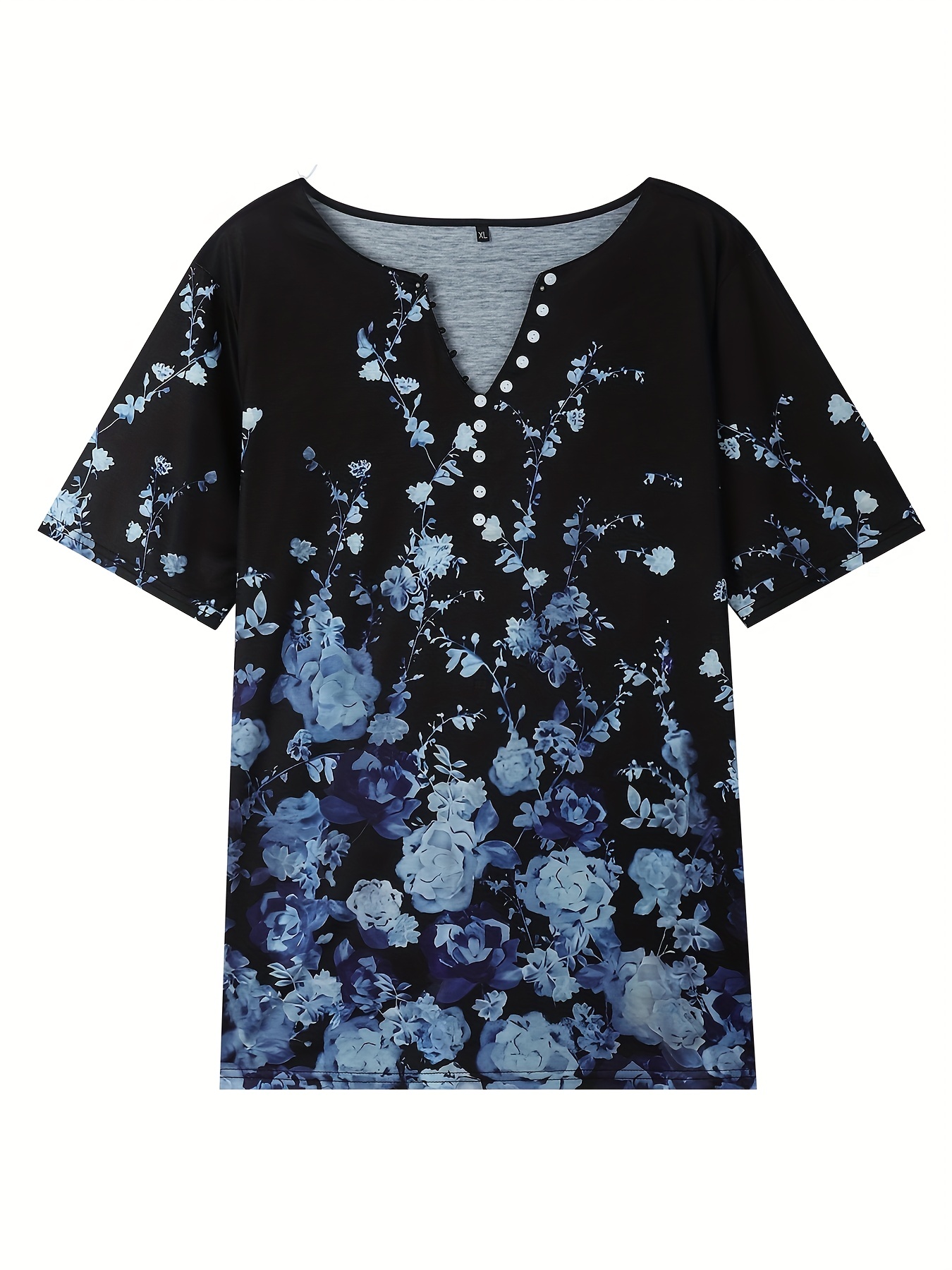 plus size casual top womens plus floral print short sleeve round neck slight stretch henley top