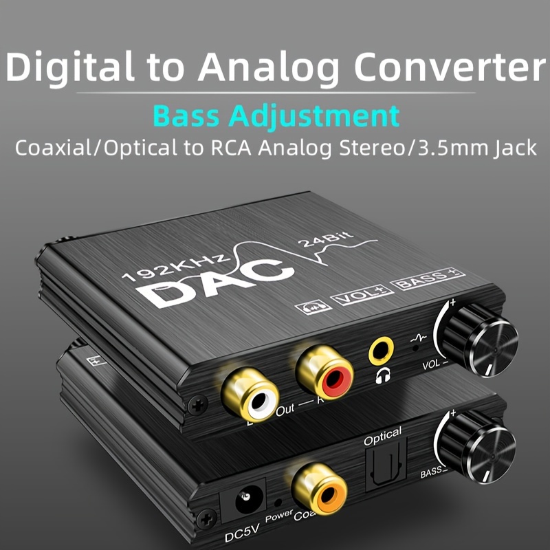 Convertidor de audio digital a analógico DAC de 192 KHz, adaptador óptico a  RCA con cable coaxial óptico, adaptador óptico Toslink a 0.138 in para