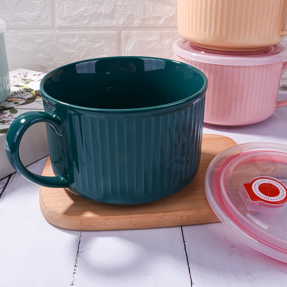 UPSTYLE Cute Ceramic Bowl with Lid and Handle for  Soup/Rice/Salad/Instant/Noodle/Vegetables/Fruit (Pink, Rabbit)