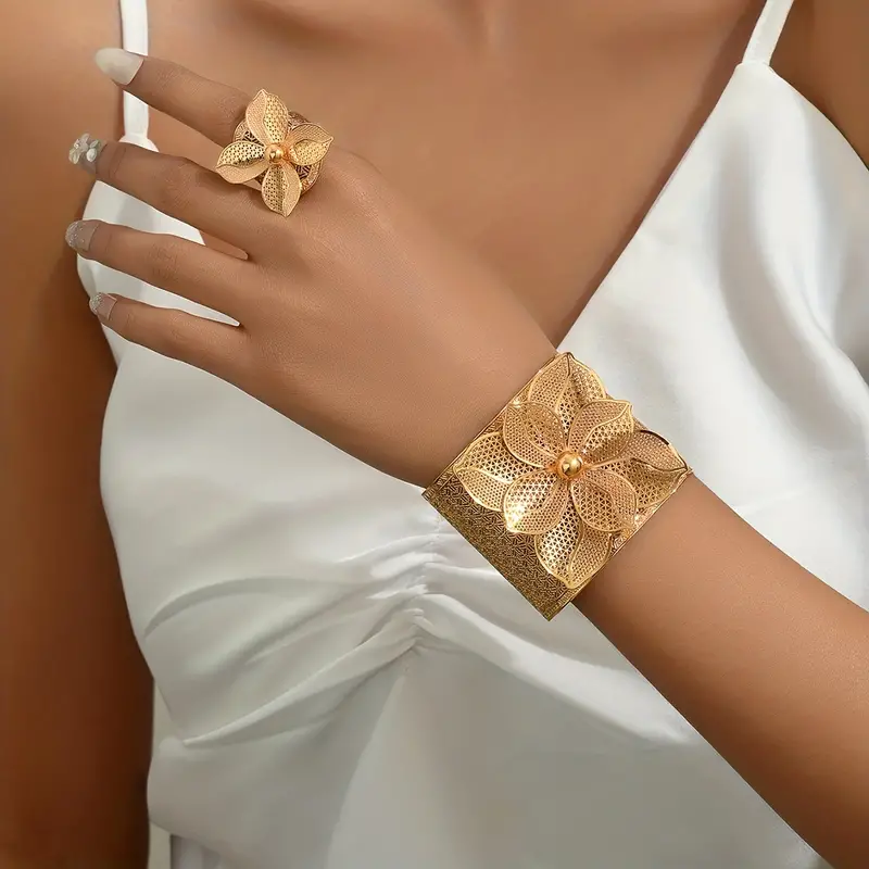 2pcs bangle plus ring vintage jewelry set trendy golden flower design 24k gold plated match daily outfits stunning party accessories details 2