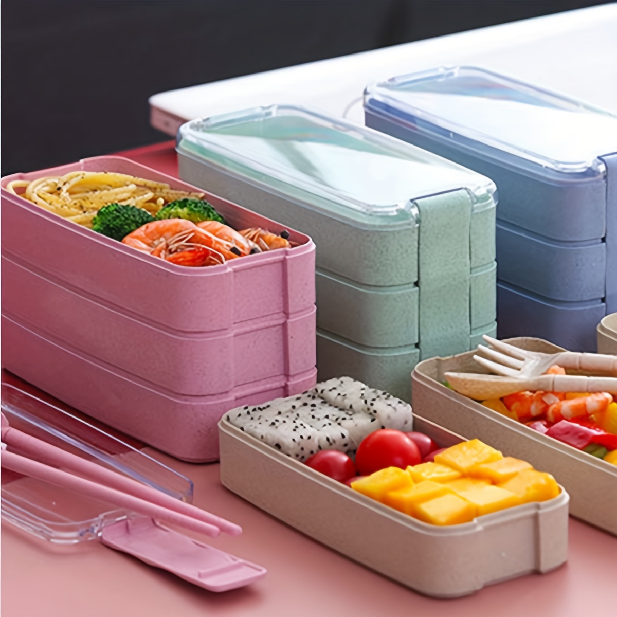 1pc Plastic Divided Lunch Box/Bento Container/Meal Prep Box/Food Storage Box  - Includes Chopsticks, Spoon, and Utensils