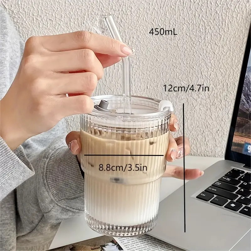 Ribbed Glass Tumbler With Lid And Straw, Origami Style Drinking Glass, Iced Coffee  Cups, Summer Winter Drinkware, Travel Accessories - Temu