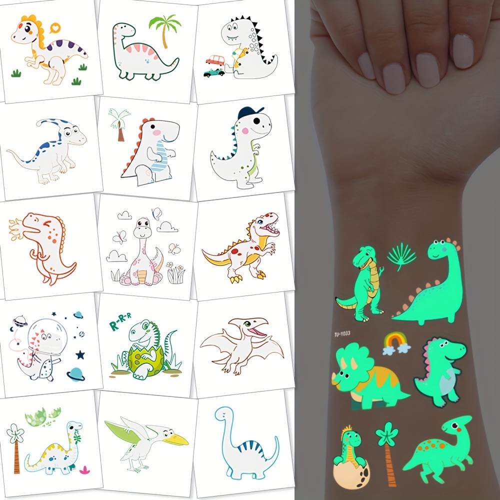 Tatuajes Temporales Niños, 72 luminosos Dinosaurs Impermeables Falso  Tatuajes Pegatinas, Fiestas Infantiles Cumpleaños de Niños Regalo, tatoos  regalo de decor fiesta para niños (12 Hojas)