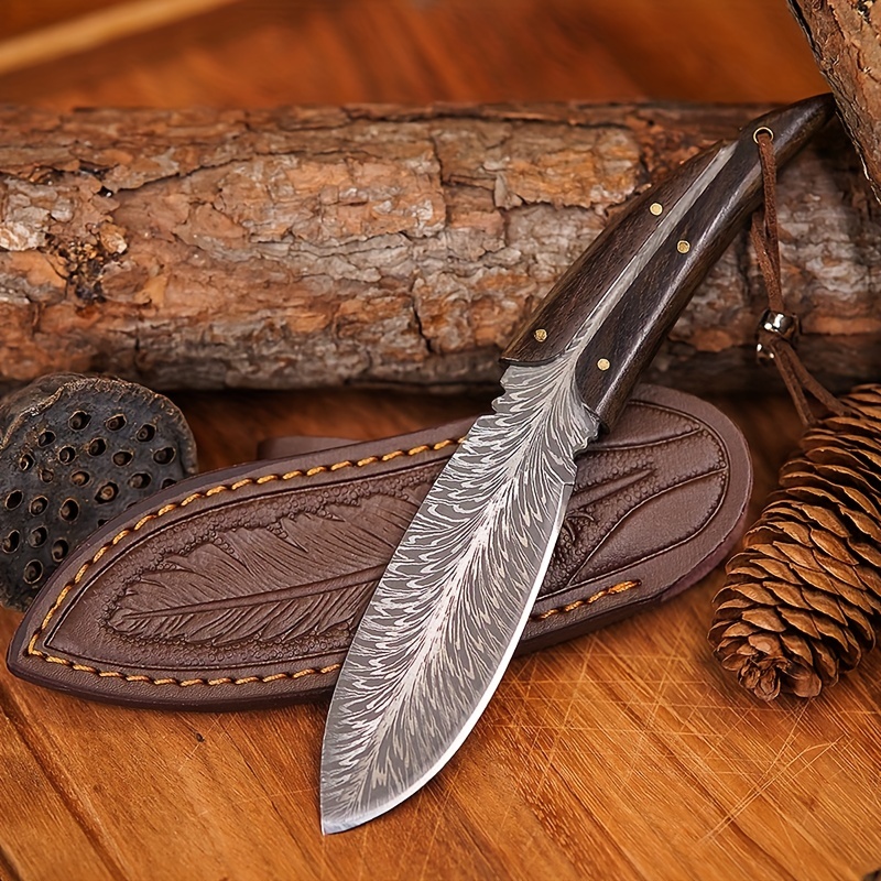 Feather Pattern Knife With Wooden Handle Leather Holder - Temu
