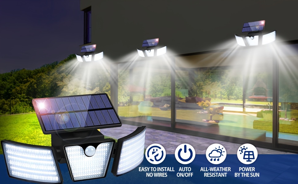 Lumières solaires extérieures, 230 projecteurs d'extérieur à détecteur de  mouvement LED, étanches IP65, avec 3 têtes grand Angle 270 °